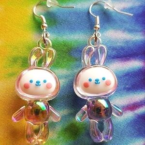 HANDMADE Plastic Iridescent Kawaii Bunny Earrings